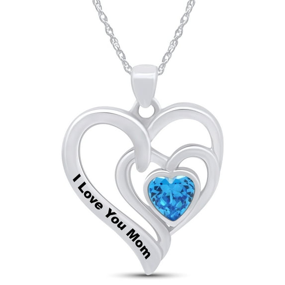 Blue Topaz I LOVE YOU MOM Double Heart womens Pendant Necklace 14k White Gold Over 925