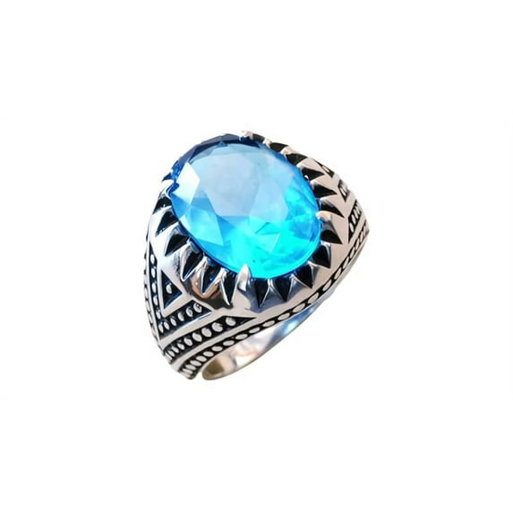 Blue Topaz Mens Ring, Natural Swiss Blue Topaz, November Birthstone Topaz, Silver Jewelry, 925 Silver Ring, Birthday Gift, Heavy Mens Ring, Arabic Oxidized Mans Ring, Christmas, Mens Signet Ring