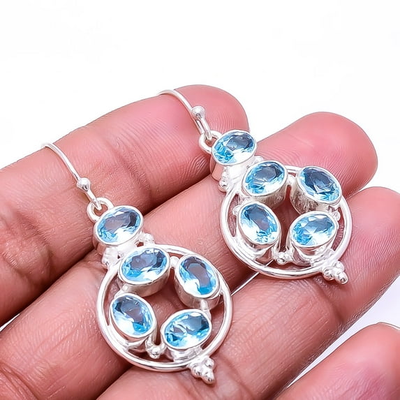 Blue Topaz Multi Collet 925 Silver Plated Earring 1.83", Blue Blue Topaz Earring E_8026_331_11