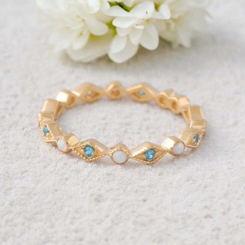 Blue Topaz Opal Band Yellow Gold Plated Wedding Band Full Eternity