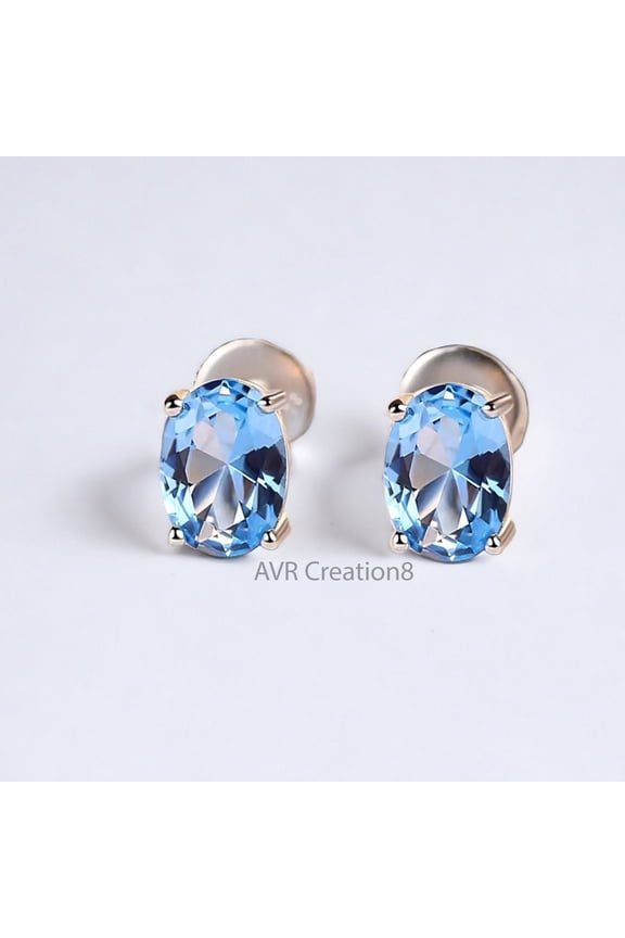 Blue Topaz Oval Cut Gemstone Stud Earrings, 925 Sterling Silver Minimalist Jewelry Gift for Girlfriend
