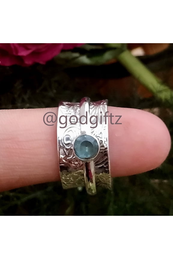 Blue Topaz Solitaire Spinner Ring, 925 Sterling Silver Gemstone Ring, Handmade Design Spinner Ring, Hammered Spinner Ring Gift For Her