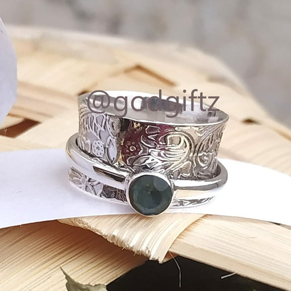 Blue Topaz Spinner Ring: Floral Textured Sterling Silver Anxiety Ring