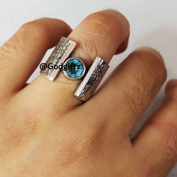 Blue Topaz Spinner Ring: Handmade 925 Sterling Silver Cocktail Ring