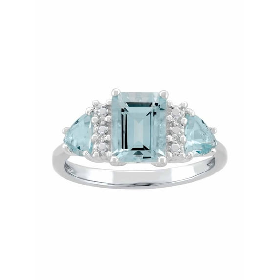 Blue Topaz Sterling Silver Side Trillions and Emerald-Cut Center Three-Stone Ring