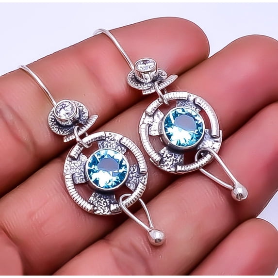 Blue Topaz & White Topaz Designer Handmade 925 Sterling Silver Earring 1.95" E7, Beautiful Jewelry For Woman, New Year Sale, Valentin's Day Gift