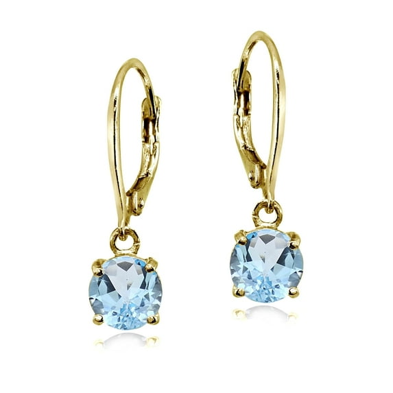 Blue Topaz Yellow Gold Flashed Sterling Silver 6mm Round Dangle Leverback Earrings