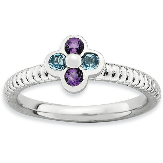 Blue Topaz and Amethyst Sterling Silver Flower Ring