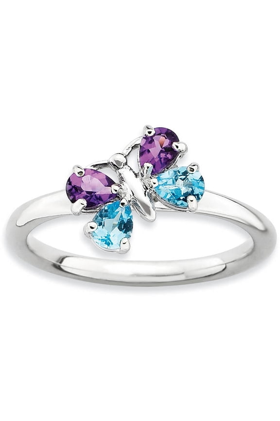 Blue Topaz and Amethyst Sterling Silver Polished Butterfly Ring