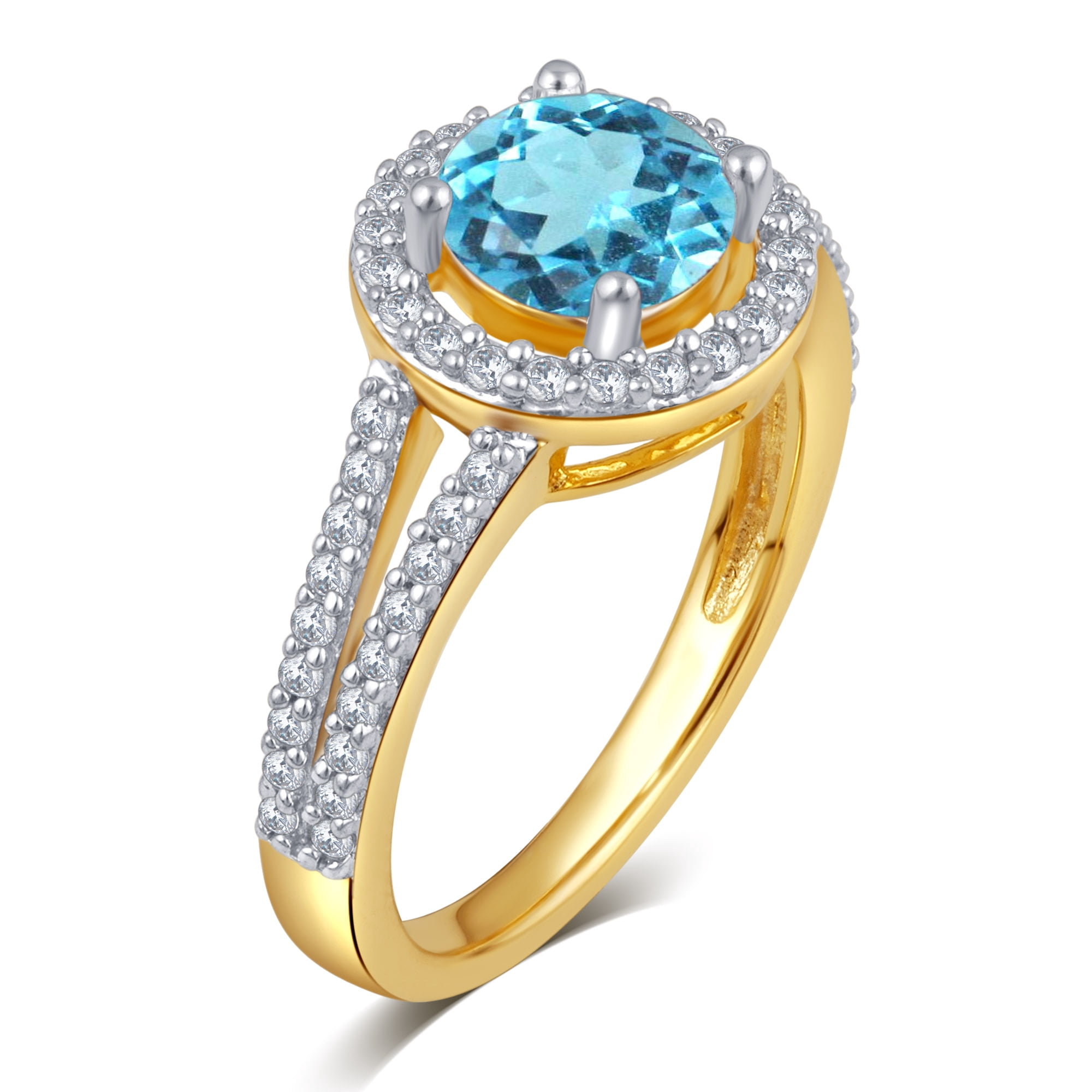 Blue Topaz and White Sapphire Halo Birthstone Ring in Sterling Silver