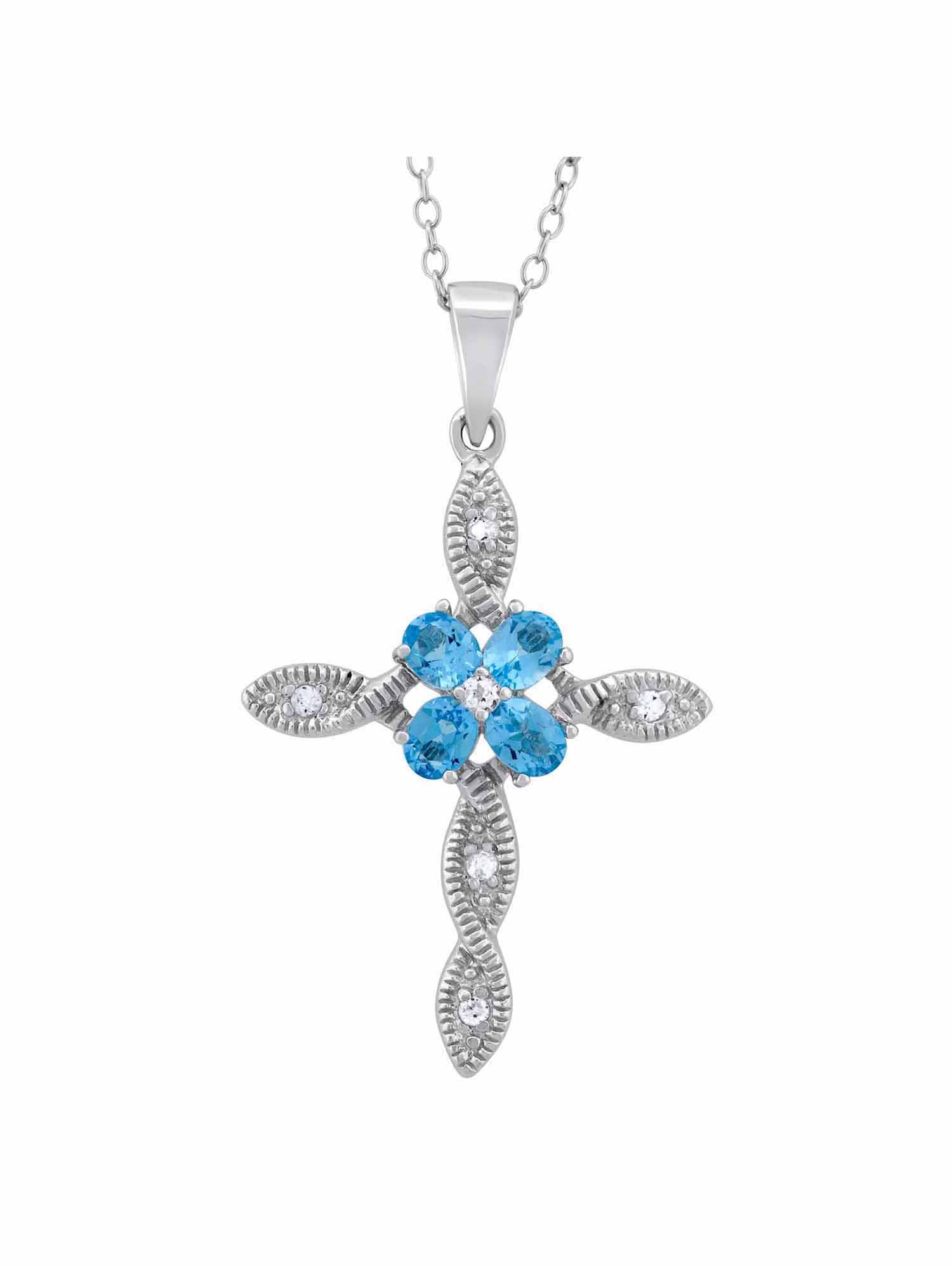 Blue Topaz and White Topaz Sterling Silver Cross Pendant, 18"