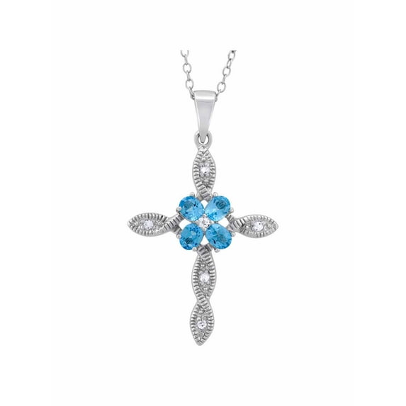 Blue Topaz and White Topaz Sterling Silver Cross Pendant, 18"