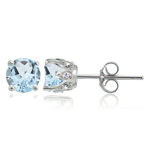 Blue Topaz and White Topaz Sterling Silver Crown Stud Earrings