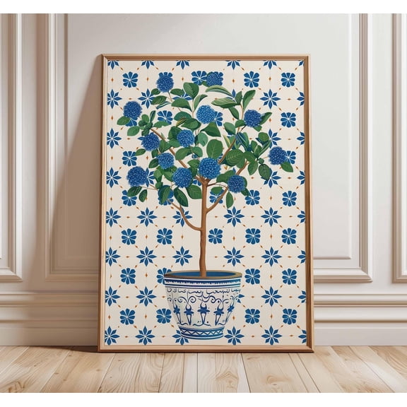 Blue Topiary Mediterranean Tile Floral Ceramic Pot Botanical Art Unframed Paper Print