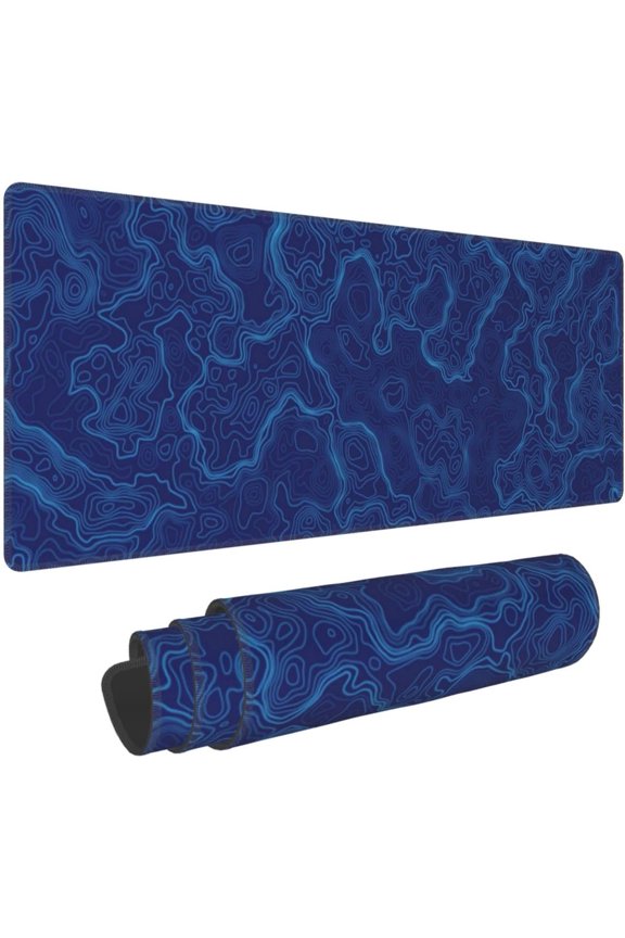 Blue Topographic Contour Map Topography Geography Geographical Gaming Mouse Pad 31.5 X 11.8 Inch XL Extended Large Keyboard Non-Slip Rubber Base with Stitched Edges for Home Office