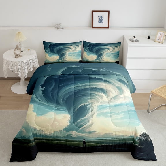 Blue Tornado Bedding King Size,Japanese Cartoon Weather Theme Comforter Set,White Cloud Duvet Insert,Tornado Down Comforter with 2 Pillow Cases Bedroom Decor,All Season