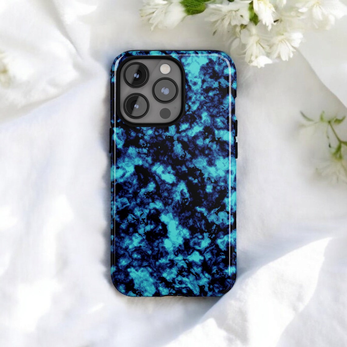Blue Tortoise Shell Pattern Protective Phone Case with iPhone 11 to 17 ...