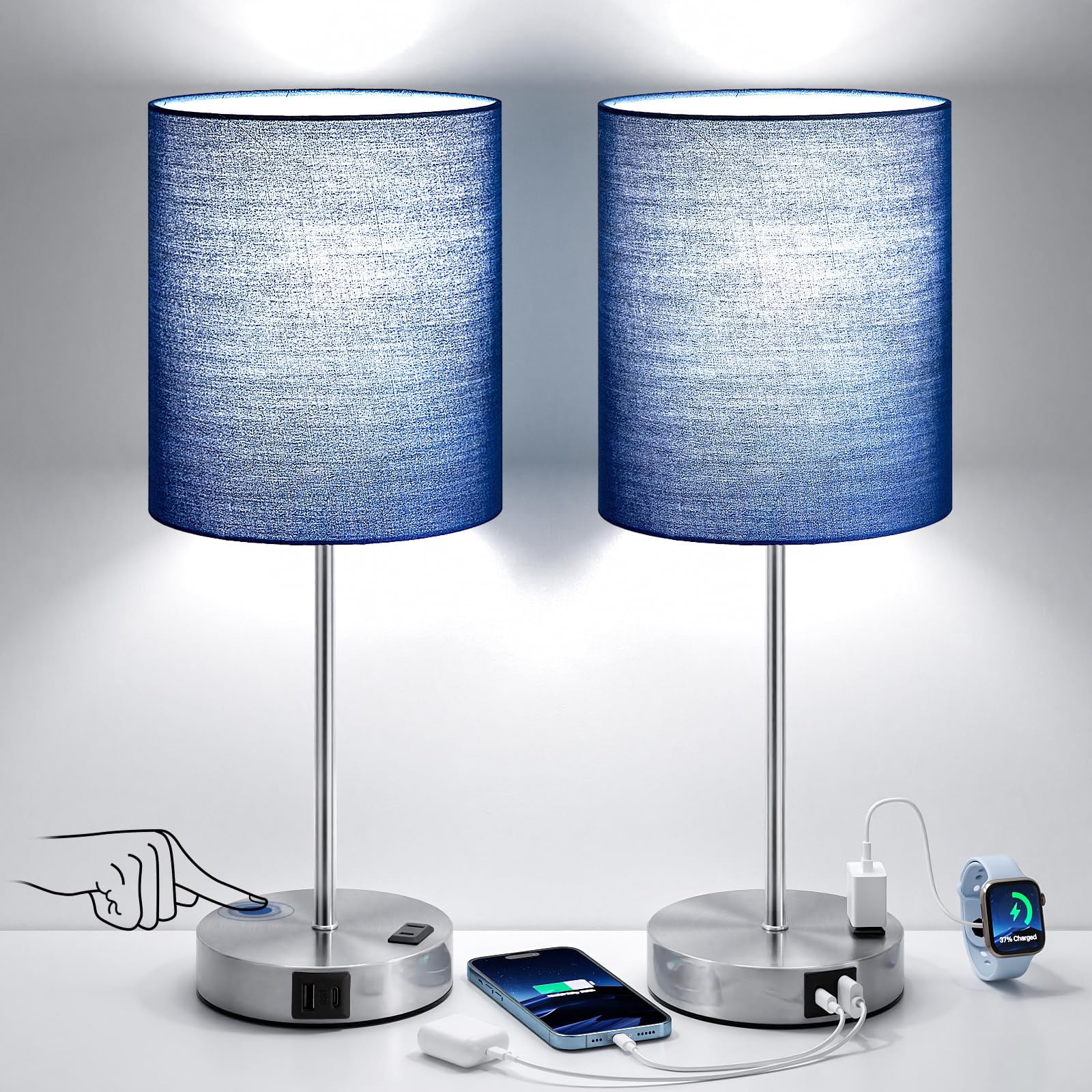 Blue Touch Lamps For Nightstand Set Of 2 - Bedside Table Lamp Bedroom With Dual Usb Ports & Ac Outlet  3-way Dimmable Living Room Night Light 5000k Daylight Bulbs