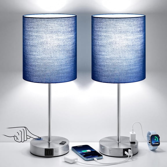 Blue Touch Lamps For Nightstand Set Of 2 - Bedside Table Lamp Bedroom With Dual Usb Ports & Ac Outlet 3-way Dimmable Living Room Night Light 5000k Daylight Bulbs