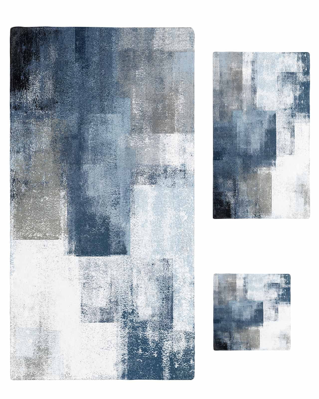 Blue Towel Set of 3, Soft Microfiber Bath Towels, Hand Towel, Washcloths, Retro Oil Painted Modern Abstract Art Quick-Dry Absorbent Towels for Bathroom Kitchen Hotel Beach Gym Spa