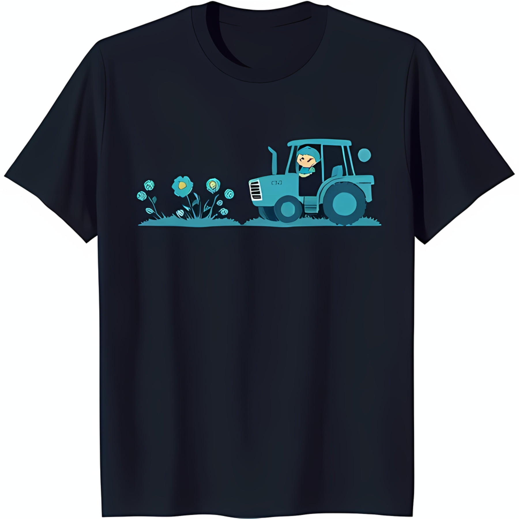 Blue Tractor with Yellow Driver Cartoon TShirt Fun Field of Flowers