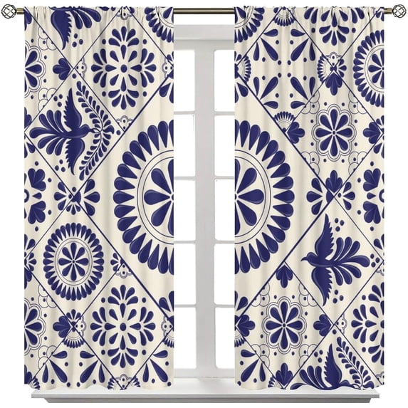 Blue Traditional Curtains Talavera Style Beige Mexican Floral Mexico Print Curtain for Bedroom Living Room Home Decor Drapes Window Treatments 26"W x 45"L (Pack of 2)