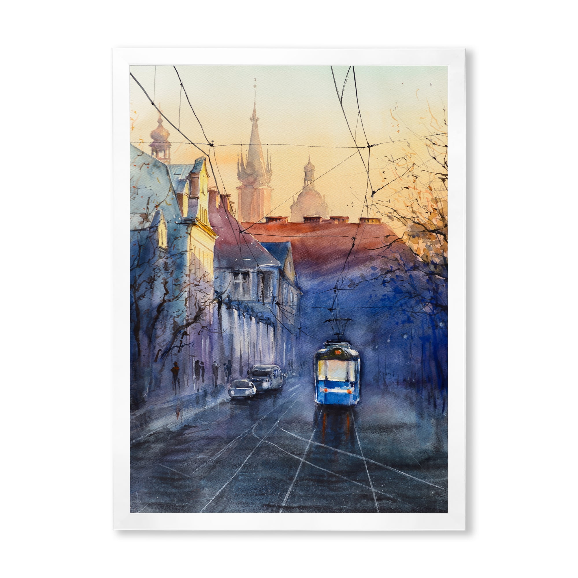 Blue Tram At Sunset With Church During Sunset Cityscape 12 in x 20 in Framed Painting Canvas Art Print, by Designart