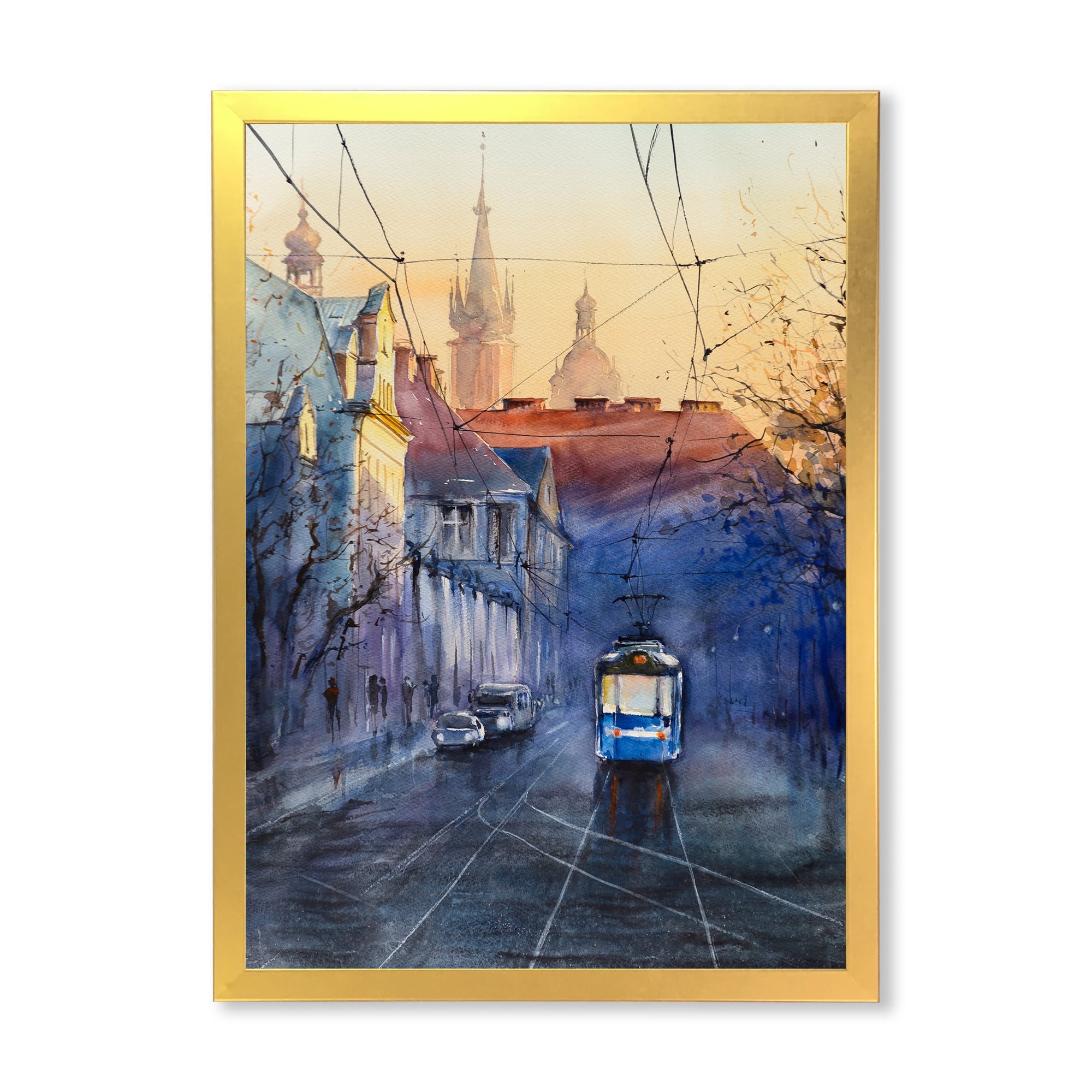 Blue Tram At Sunset With Church During Sunset Cityscape 16 in x 32 in Framed Painting Canvas Art Print, by Designart