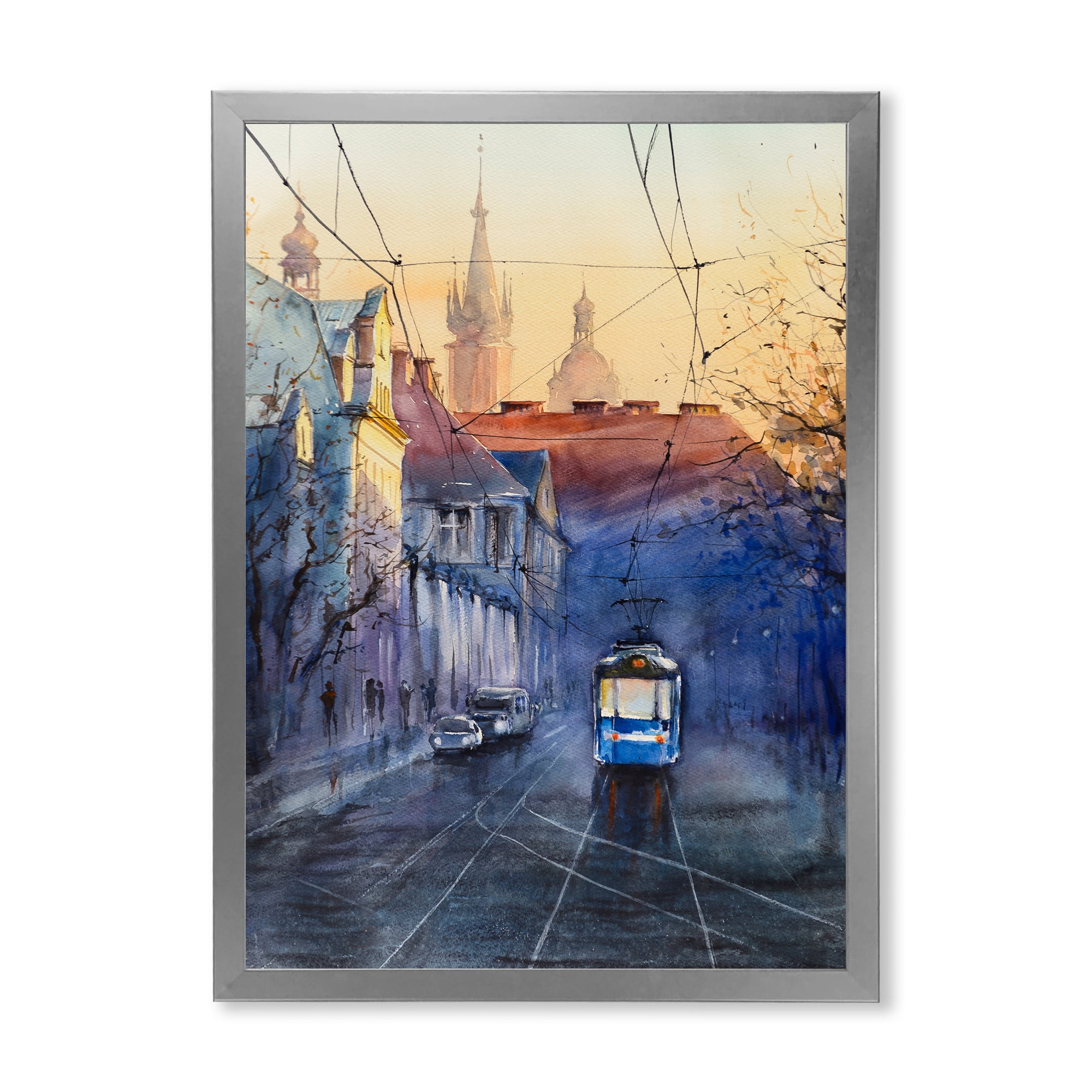 Blue Tram At Sunset With Church During Sunset Cityscape 30 in x 40 in Framed Painting Canvas Art Print, by Designart