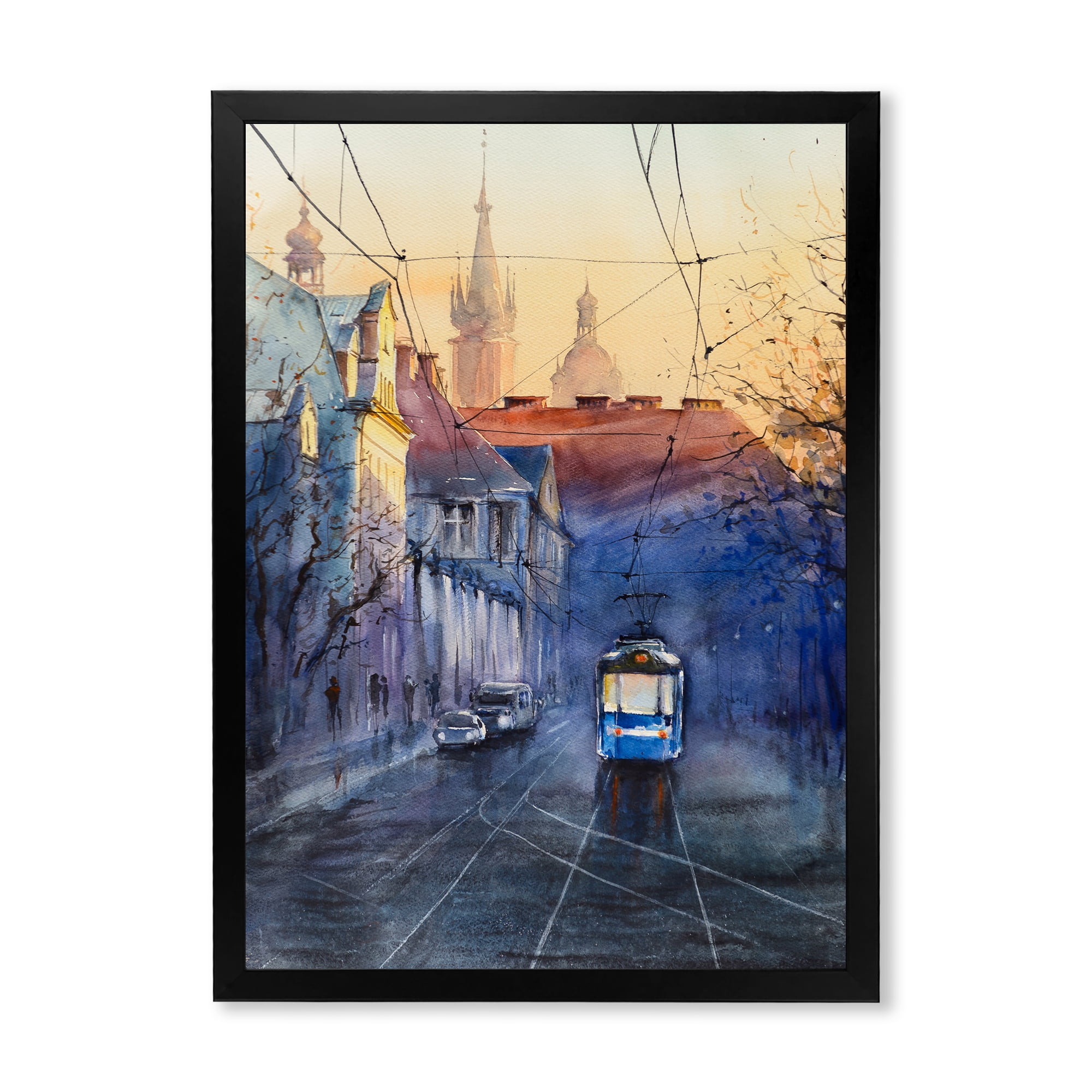 Blue Tram At Sunset With Church During Sunset Cityscape 30 in x 40 in Framed Painting Canvas Art Print, by Designart
