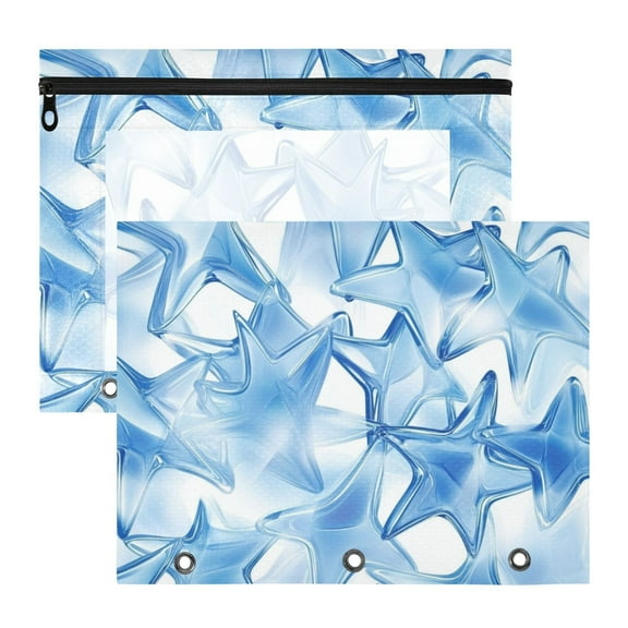 Blue Translucence Stars 3-Ring Binder Pouches A4 Size Zipper Pocket File Storage 2 Packs