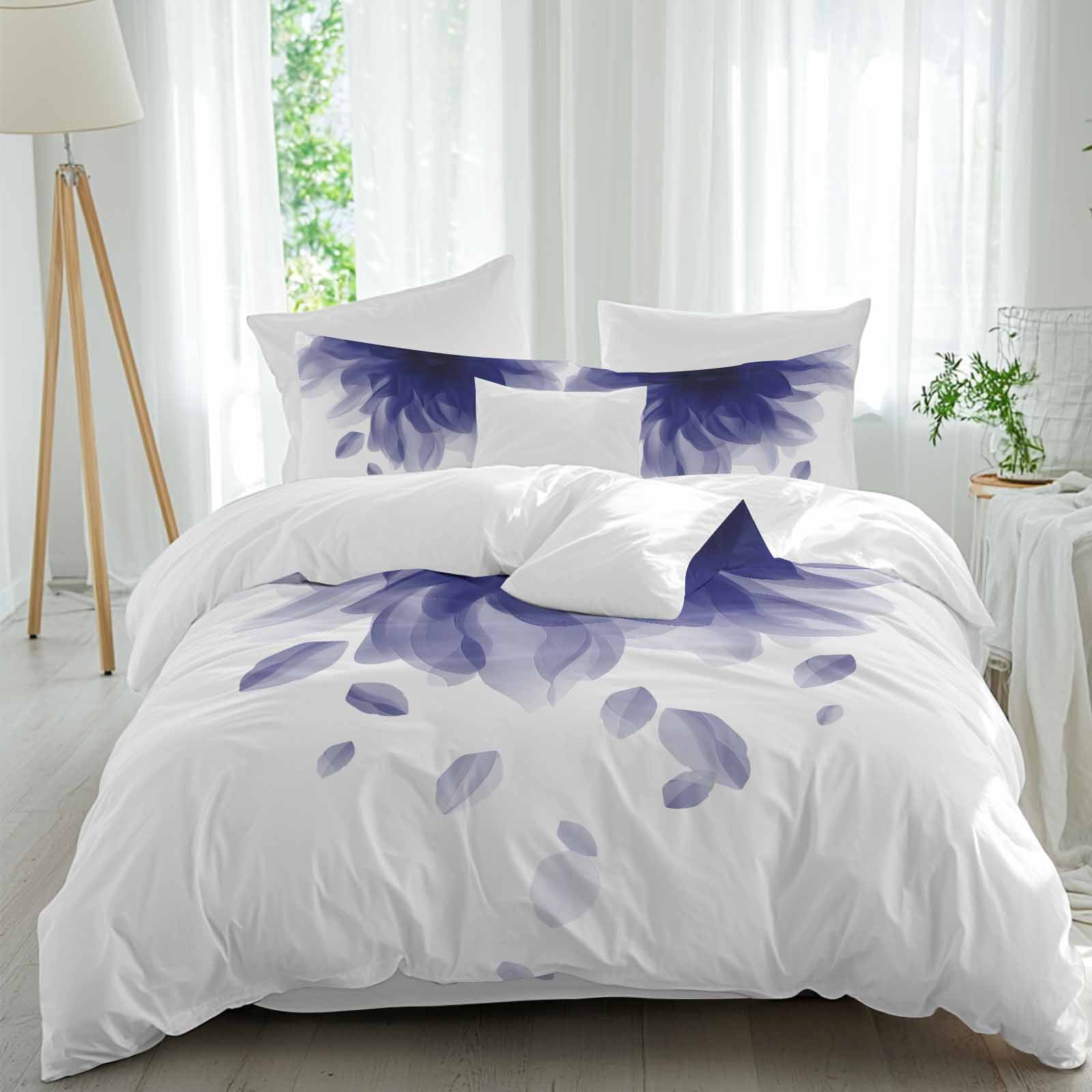Blue Translucent Floral Queen Duvet Cover Set, Gradient Art Watercolor ...