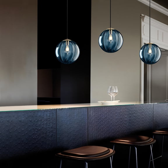 Blue Translucent Striped Glass Spherical Pendant Lamp, Modern European Minimalist Hanging Ceiling Light for Bathroom Bedroom Dining Room Corridor, Bulb Not Included