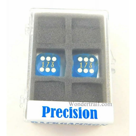 Blue Transparent D6 Precision Backgammon Dice with White Pips 16mm (5/8in) Pack of 2 Koplow Games