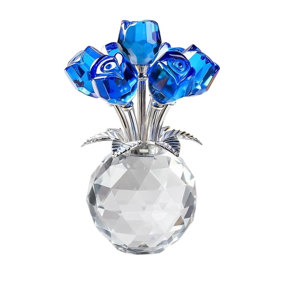 Blue Transparent Glass Rose Bouquet With Crystal-Like Appearance And Decorative Design For Home Decor And Tabletop Display, 4.33X3.35 In 0.57 Lb