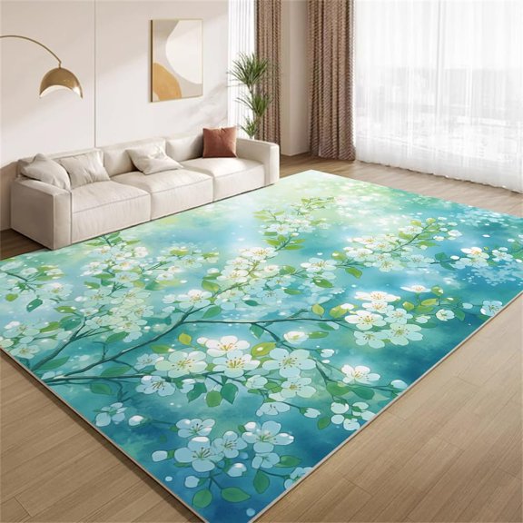 Blue Tree Area Rugs, Blue Flower Tree Watercolor Carpet, Washable Non Slip Low Pile Soft Rug for Living Room Bedroom Office Decor Mat 2ftx3ft