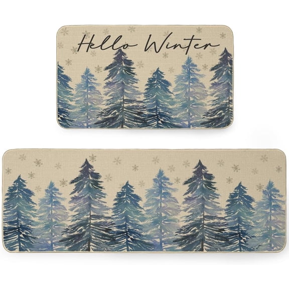 Blue Tree Christmas Winter Kitchen Mats Set of 2,Xmas Seasonal Holiday Party Decorations Kitchen Rugs for Floor - 17x29 and 17x47 Inch DKM016
