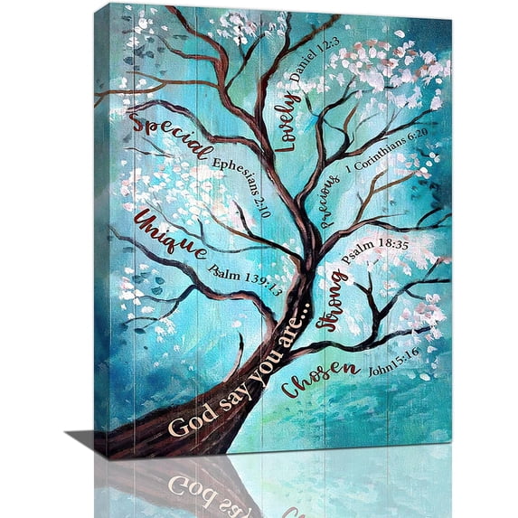 Blue Tree Decor Wall Art God Says You Are Rustic Tree of Life Pictures Wall Decor Christian Canvas Painting Prints Artwork Framed for Bathroom Bedroom Living Room 12"x16"