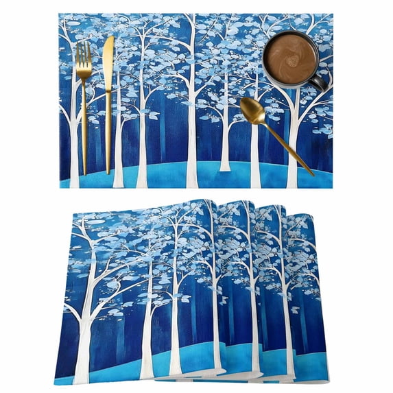 Blue Tree Forest Placemats Set of 8 Leaves Abstract Retro Watercolor Place Mats Indoor Wipeable Table Mats Washable Cloth Dining Table Placemats for Kitchen Holiday Party Home Decor 13x19 Inch