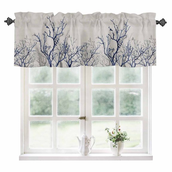 Blue Tree Kitchen Valances for Windows 42x12 Inch Kitchen Curtains Valances Rod Pocket Retro Farmhouse Botanical Branches Bird Bathroom Window Valances for Window Treatment Decor