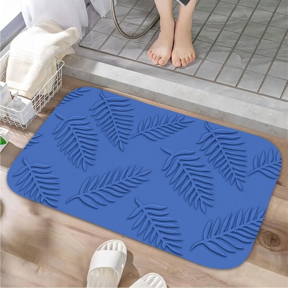 Blue Tree Leaf Luxury Flannel Bathroom Mats 16x24, Extra Soft and Absorbent Non-Slip Shower Rug for Bathroom Floor