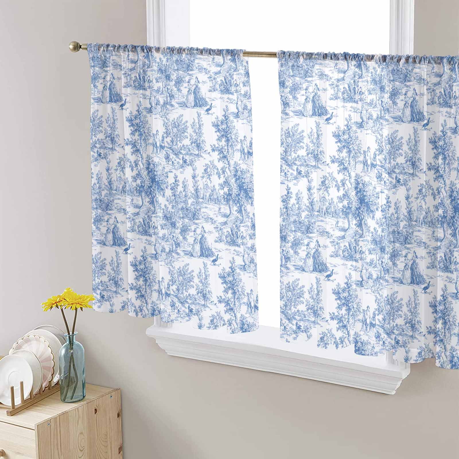 Blue Tree Leaf Sheer Curtains 45 Inch Length 2 Panels Set for Living ...