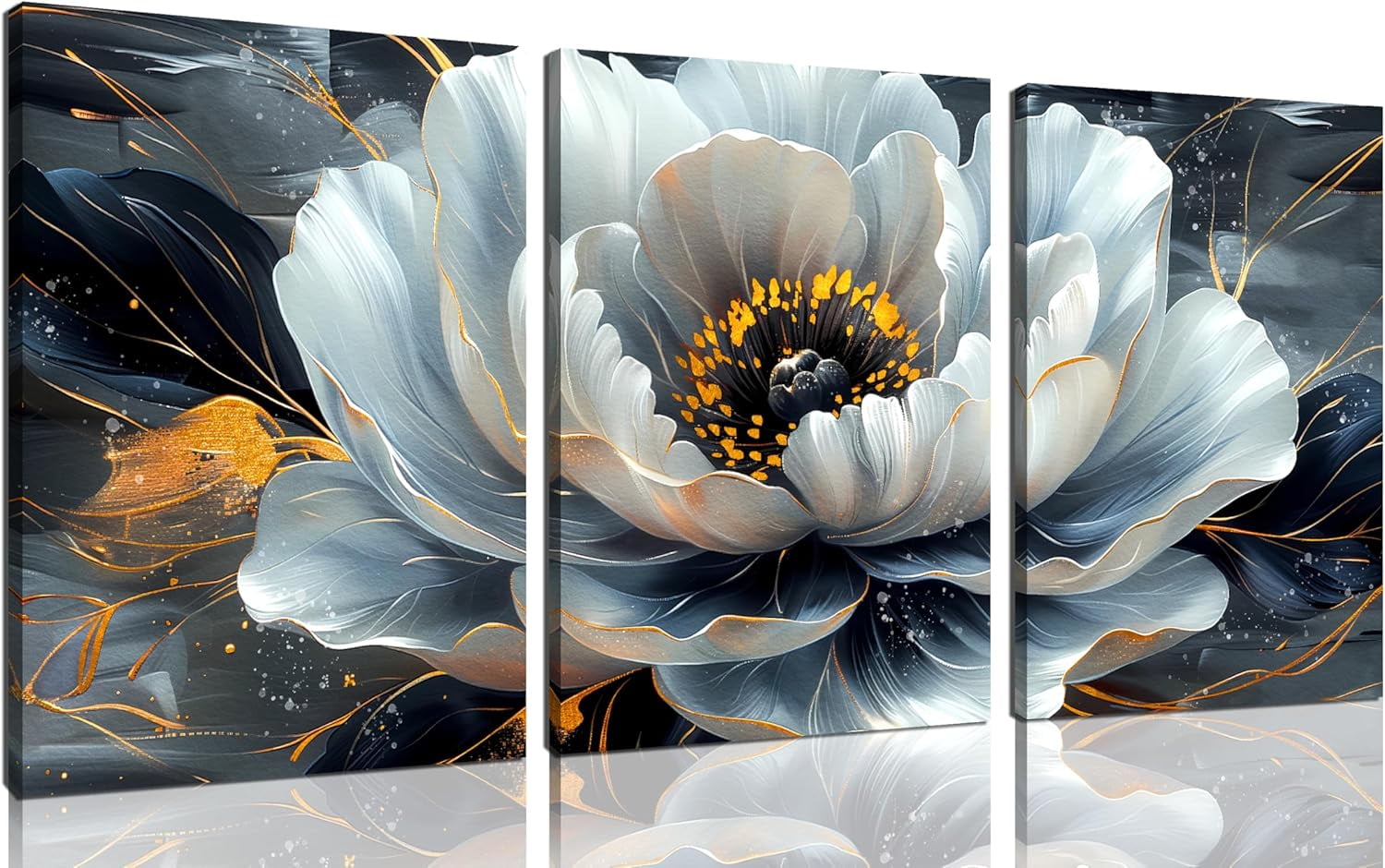 HUBOSKN Blue White Gold Flower Wall Art – 20" X 40" Modern Canvas Print For Living Room & Bedroom Decor