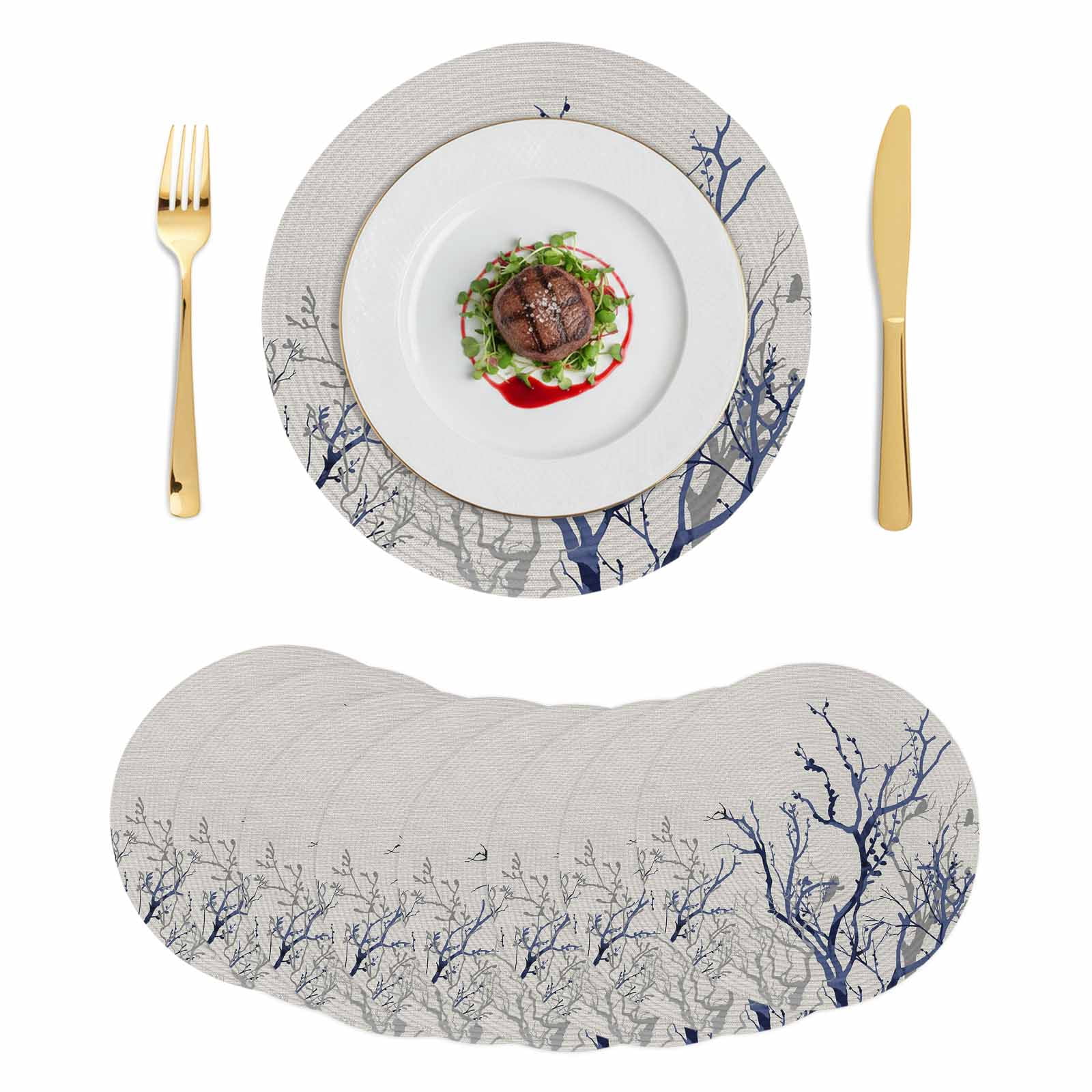 Blue Tree Round Placemats Set of 8 Retro Farmhouse Botanical Branches Bird Place Mats Indoor Woven Table Mats Washable Heat-Resistance Braided Dining Table Placemats for Kitchen Party Decor 13 Inch