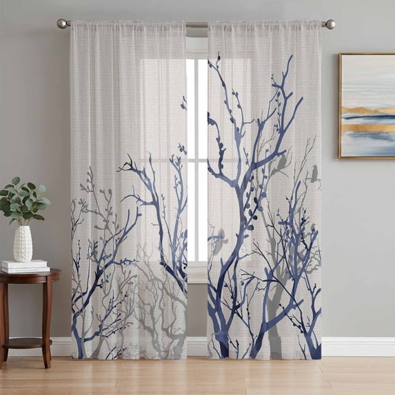 Blue Tree Sheer Curtains 63 Inch Length 2 Panels Set, Retro Farmhouse Botanical Branches Bird Voile Window Treatment Rod Pocket Curtains Sheers Drapes for Bedroom/Living Room/Kitchen 52x"63"x2
