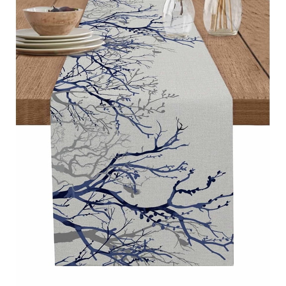 Blue Tree Table Runner 36 Inches, Retro Farmhouse Botanical Branches Bird Bed Runner Dresser Scarves Tabletop for Indoor Outdoor Parties/Ceremony/Banquet, 13"x 36"
