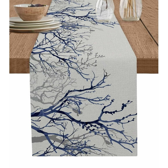 Blue Tree Table Runner Retro Farmhouse Botanical Branches Bird Tablerunners 13 x 70 Inch, Table Decorations Tabletop Scarf for Summer Gathering Holiday Farmhouse Kitchen Dining Decor