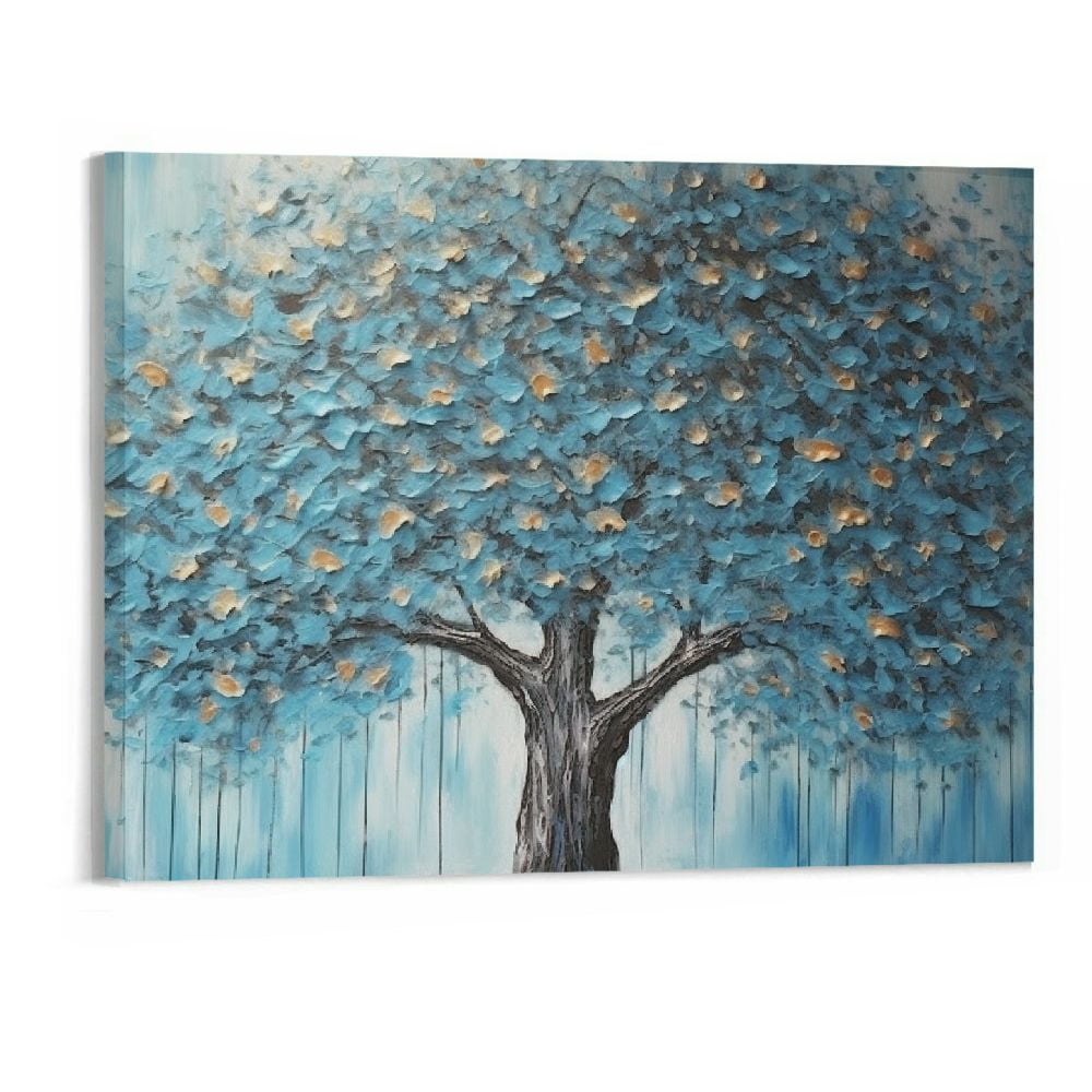 Blue Tree Wall Art Nature Tree of Life Abstract Canvas Summer Painting Textured Picture Modern