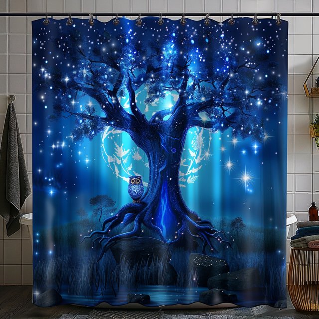 Blue Tree of Life with Owl and Stars in the Sky Bathroom Curtain Shower