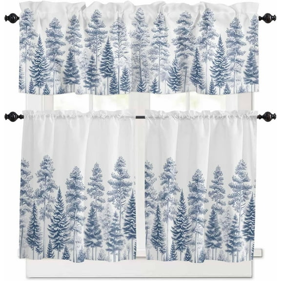 Blue Trees Kitchen Curtains and Valances Set, Rod Pocket Curtains Tier Farmhouse Window Curtains 36 Inch Length, Nature Pine Forest Plant Simple Rustic 3 Piece Kitchen Curtains Set